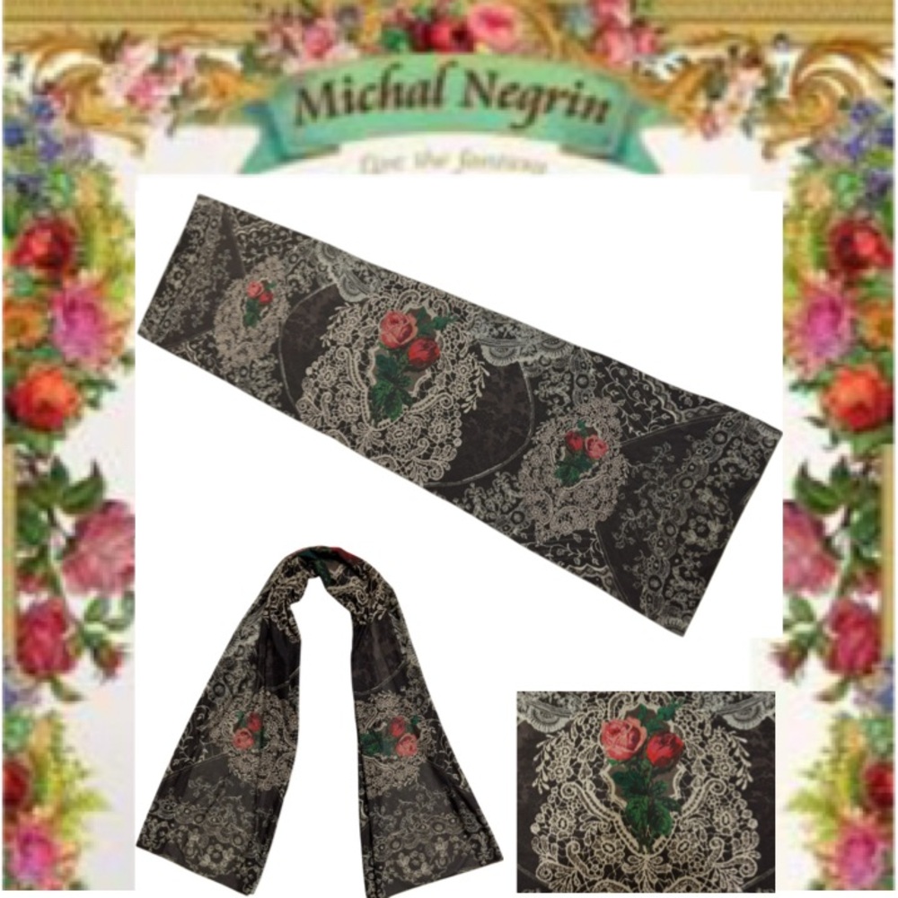Michal Negrin Scarf Rare Designer Luxury Victorian Floral Vintage Rose Art Print